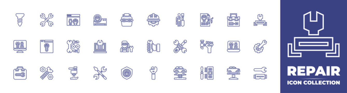 Repair line icon collection. Editable stroke. Vector illustration. Containing repair box, wrench, car lift, car, tools, shield, repair, bolt, plate compactors, screw, toolbox, web development.