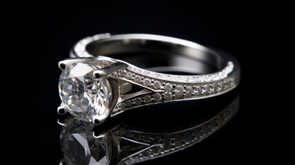 Traditional diamond engagement ring crafted in silver, showcased against a sophisticated black backdrop