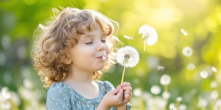 Little Girl Blowing Dandelion in Field