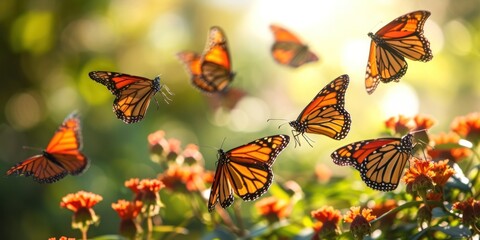 Group of Orange Butterflies Flying in the Air