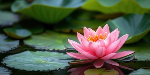 Pink Water Lily in Pond With Lily Pads