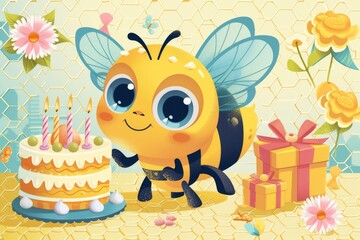 A cartoon bee with a birthday cake, on a honeycomb pattern background with flowers and gifts.