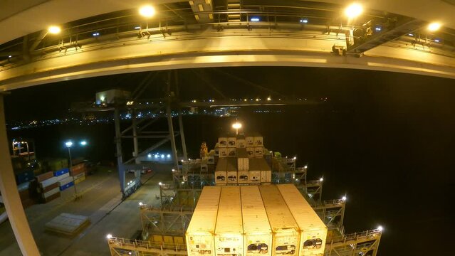  Lazaro Cardenas, Mexico - 20.03.2023 Timelapse of container ship has loading operations with few gantry cranes in n Lazaro Cardenas Terminal during sunset.
