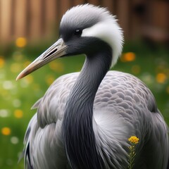 portrait of Grus grus on a background of green grass