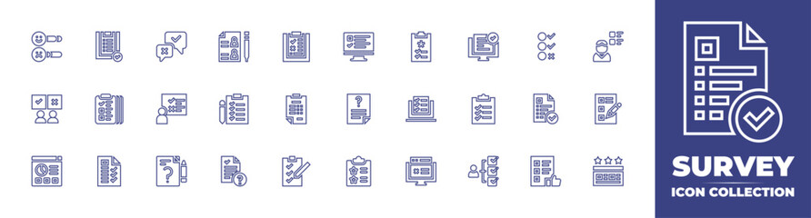 Survey line icon collection. Editable stroke. Vector illustration. Containing survey, clipboard, survey results, medical report, compliance, checklist, work list, question, feedback, project status.