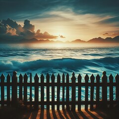 silhouette wooden fence with wavy blue sea behind - obrazy, fototapety, plakaty