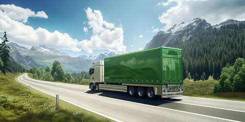 Transport truck driving through a blurred green meadow on clouds .