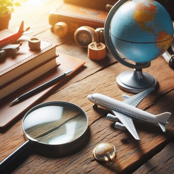 small airplane and globe and magnify glasses on wooden table