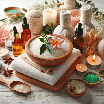 spa treatments set on white wooden table