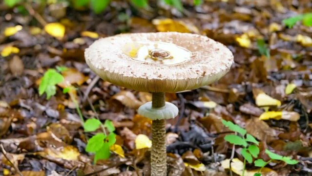 Large beautiful poisonous mushroom in forest on leaves background, generated AI