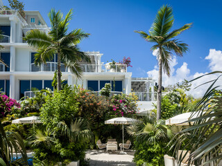 Grand Cayman, Cayman Islands, Aug 5th 2023, view of a resting area at Palm Heights, a boutique hotel on Seven Mile Beach - 726351579