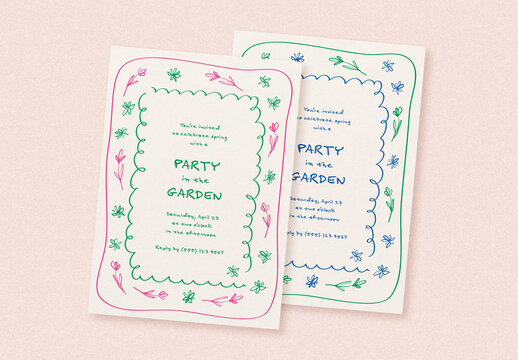 Garden Party Invitation with Hand Drawn Scribbled Illustrations