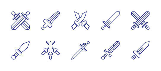 Sword line icon set. Editable stroke. Vector illustration. Containing sword, light sword, shield, swords.