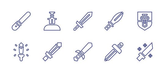 Sword line icon set. Editable stroke. Vector illustration. Containing sword, light sword, shield.