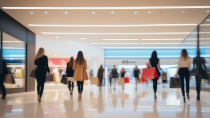 Blurred background of a modern shopping mall with some shoppers. Stylish women looking at showcase, motion blur. Abstract motion blurred shoppers with shopping bags.  generative, ai.