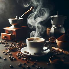 side view of coffee cup with smoke and coffee beans