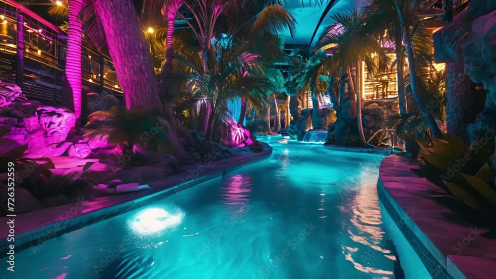 Wall mural the pool area is transformed into a neon oasis with glowing palm trees and vibrant water features.