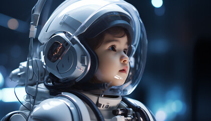 Recreation of a little boy with a diving suit and a futuristic space suit
