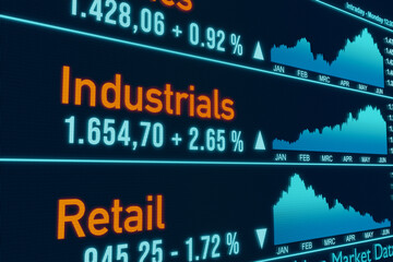 Obraz premium Industry and retail sector charts, index information. Stock market and exchange monitor. Business, financial markets, investment. 3D illustration