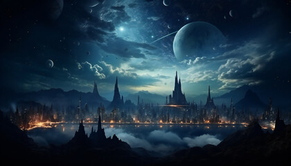 Landscape of a fictitious city of the multiverse with moons and planet in the sky	
