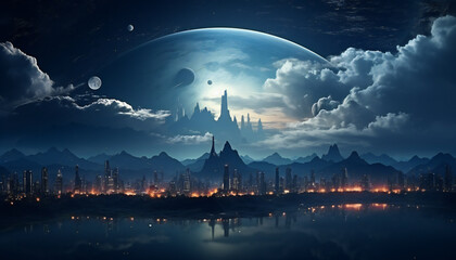 Landscape recreation of a fictitious city of the multiverse with moons and planet in the sky	