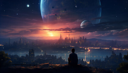 Landscape of man staring a city in the multiverse with planets and moons in the sky