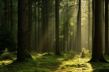 An ancient forest with towering trees and dappled sunlight, embodying mystery and ancient wisdom.