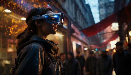 Recreation of a girl with a virtual reality goggles in a street of the multiverse
