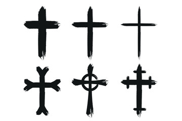 Religious cross set brush stroke style - obrazy, fototapety, plakaty