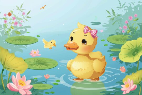 A cute, cartoonish duckling wearing a party bow, surrounded by a pond scene with lily pads and flowers, against a serene blue background.