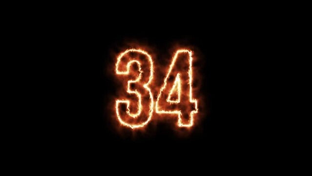Number 34 fire Animation on a black background. Number Thirty Four is burning in flames Animation on Isolated Black Background