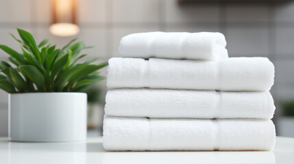 Fototapeta na wymiar Stack of white clean towels on table in bathroom