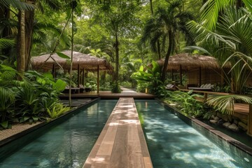 A luxury spa resort with thermal pools, massage pavilions, and lush tropical gardens