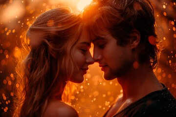 Reunion and Hope. Amidst a cascade of golden light, a couple shares a tender moment, their closeness whispering of eternal love that defies the bounds of life and death.