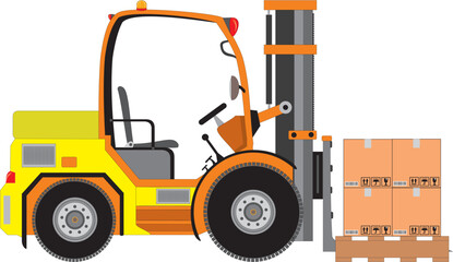 Yellow forklift truck with driver isolated on white background. Empty electric uploader. Delivery, logistic and shipping cargo. Warehouse and storage equipment. Flat vector illustration