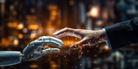 Human and AI collaboration concept showing a robot and person touching fingers with business idea icons - obrazy, fototapety, plakaty