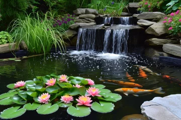  A serene koi pond with water lilies, stepping stones, and a tranquil waterfall feature © furyon