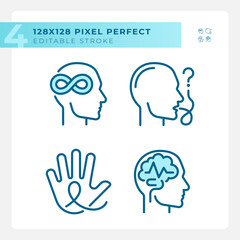 Neurology diseases light blue icons. Neurological illness. Intellectual disability, brain damage. RGB color. Website icons set. Simple design element. Contour drawing. Line illustration