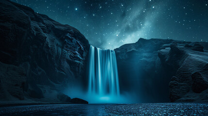 A moonlit waterfall under a starry sky creating a magical and ethereal ambiance. - obrazy, fototapety, plakaty