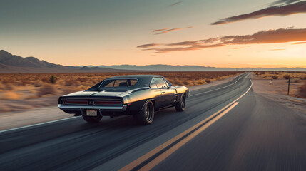 A muscle car roaring down an open desert road at dawn. - obrazy, fototapety, plakaty