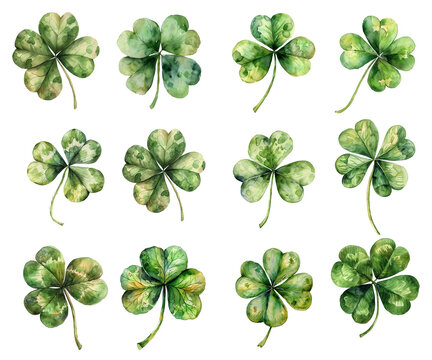 Set of Watercolor Four-leaf And Three-leaf Clover Leaves, Saint Patrick's Day, PNG, Transparent Background