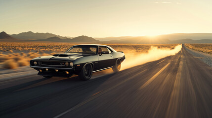 Obraz na płótnie Canvas A muscle car roaring down an open desert road at dawn.
