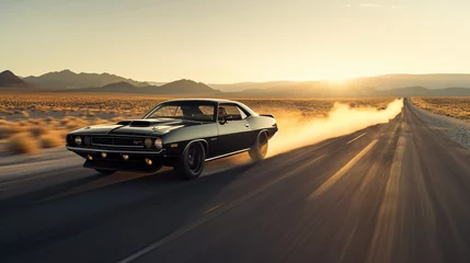 Gartenposter A muscle car roaring down an open desert road at dawn. © Melvin