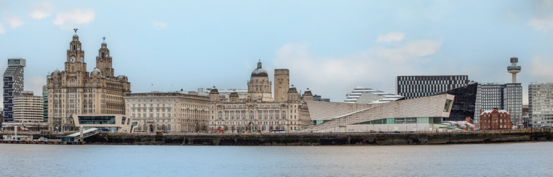 Panorama of the Liverpool waterfront captured from Liverpool, united kingdom January, 16, 2024 multiple images taken on the Seacombe promenade on the Wirral.