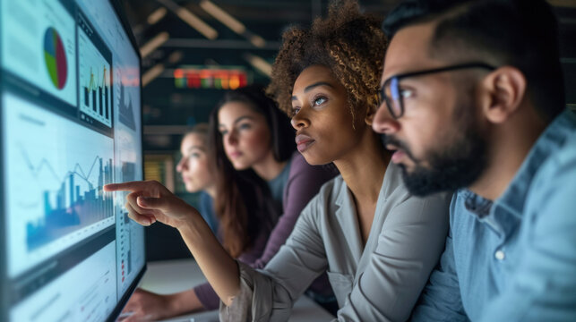 Ethical use of data AI system. diverse group of professionals looking at a large computer screen displaying data graphs. Collaborative effort to identify and mitigate biases in AI data