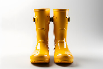 Yellow plastic rain boots on white background. Shinny yellow. Children accesories.