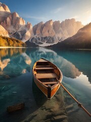 Beautiful view of traditional wooden rowing boat on scenic Lago di Braies in the Dolomites in scenic morning light at sunrise... - obrazy, fototapety, plakaty