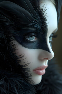 Close-up portrait of a beautiful model wearing black make-up and black feathers. Artistic portrait. Mysterious fashion. Vantablack.