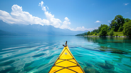 A peaceful kayaking adventure on a crystal-clear lake. - obrazy, fototapety, plakaty