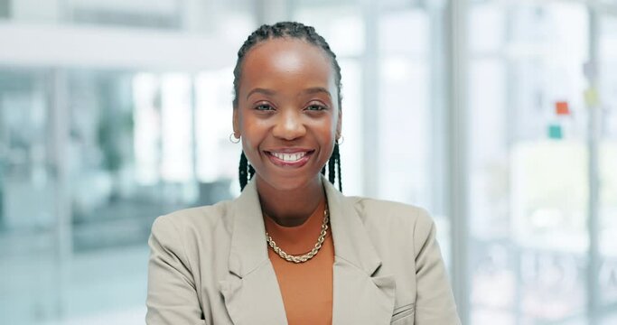 Business, face and black woman with arms crossed, smile for job and employee work in Kenya in office. Portrait, happy and confident African professional, agent or funny entrepreneur laugh in company